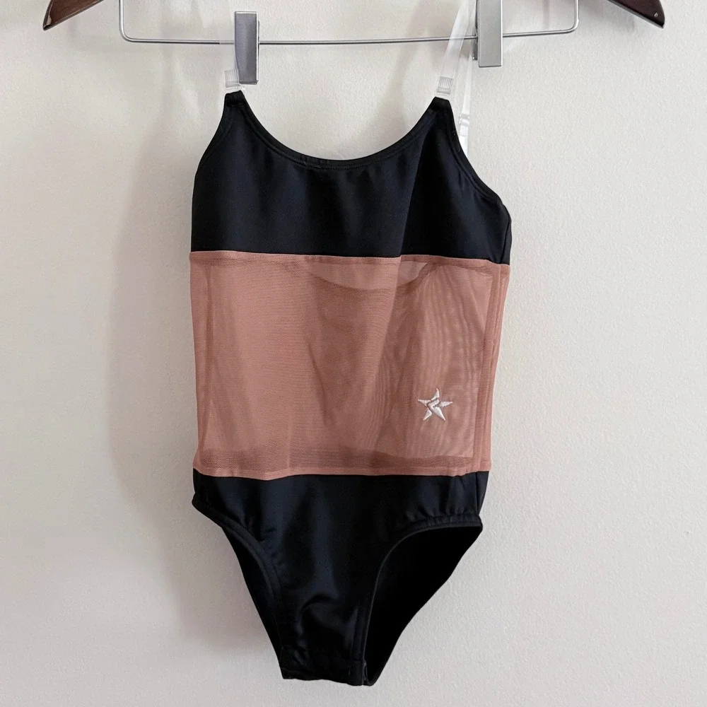 Rebel Athletic Kids Bodysuit Black Medium Skin Tone Mesh Clear Straps Logo YS